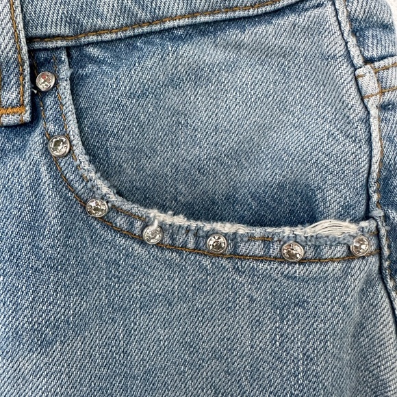 Zara Denim Shorts Gemstone Rhinestone Bejeweled Studs Distressed Size 4 Blue - Picture 3 of 11